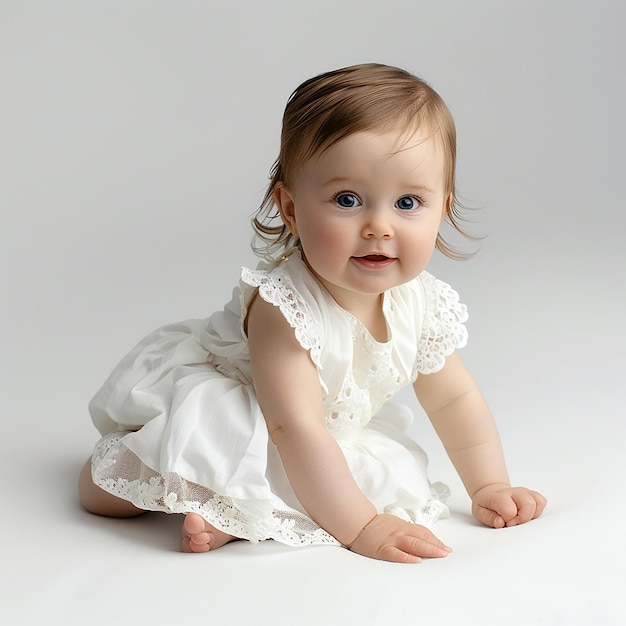 a baby is sitting on the floor with a white dress