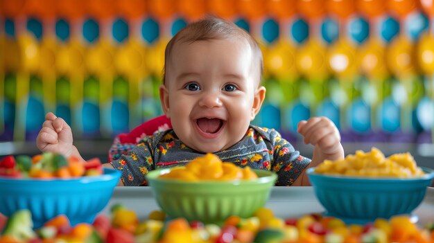 A baby is sitting in front of a bowl of fruit