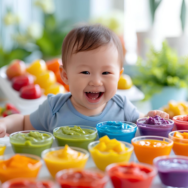 A baby is sitting in front of a table full of colorful cups