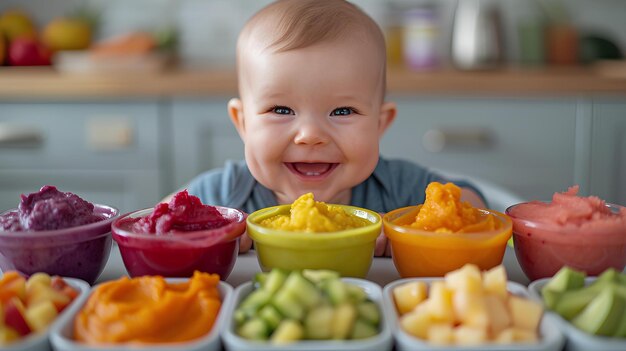 A baby is sitting in front of a table full of fruit