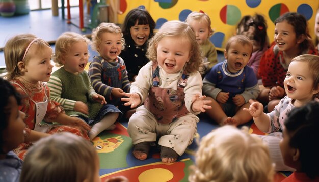한 아기 가 다른 아기 들 과 유아 들 에 둘러싸인 유치원 의 높은 의자 에 앉아 있다