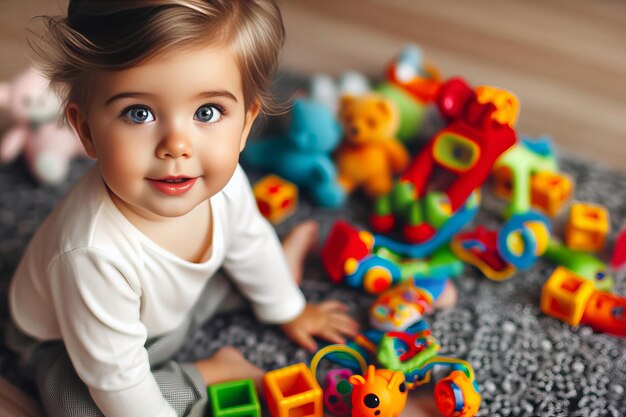 Photo baby is sitting on a rug with a bunch of toys around her