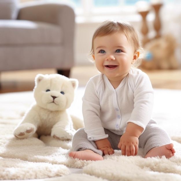 赤ちゃんがぬいぐるみと一緒に敷物の上に座っている