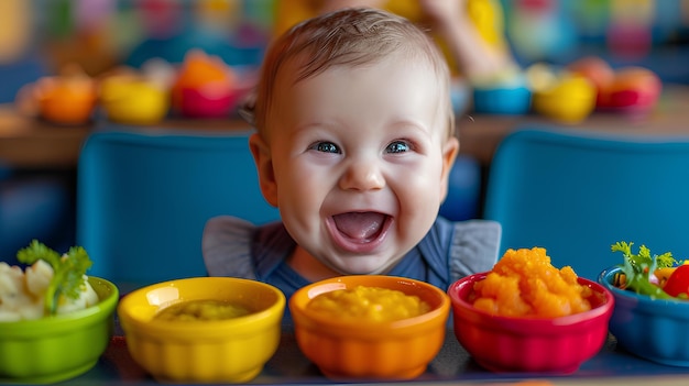 A baby is sitting at a table with bowls of food