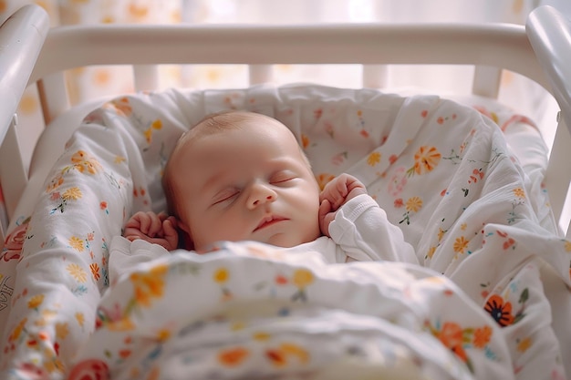 Photo a baby is sleeping in a crib with a floral pattern