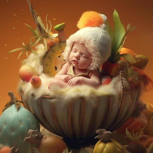 A baby is sleeping in an egg with a hat on it.