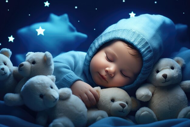 a baby is sleeping in his blue blanket with bears