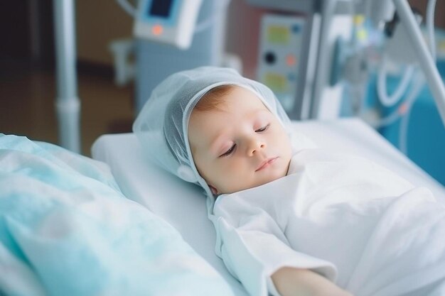 赤ちゃんが病院のベッドで寝ています