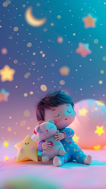 a baby is sleeping with a teddy bear and the stars in the background