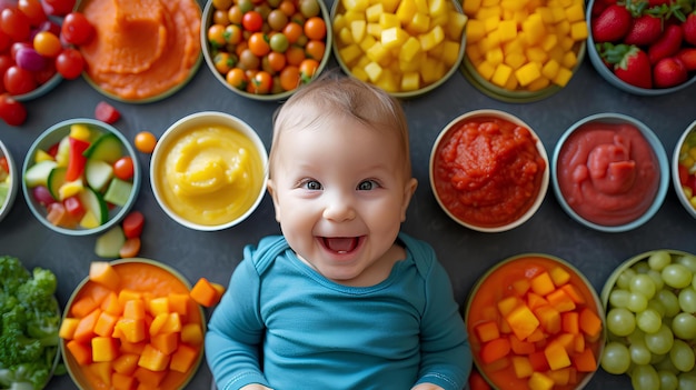 A baby is smiling in front of an array of colorful fruit plates