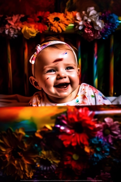 A baby is smiling and has flowers on it.