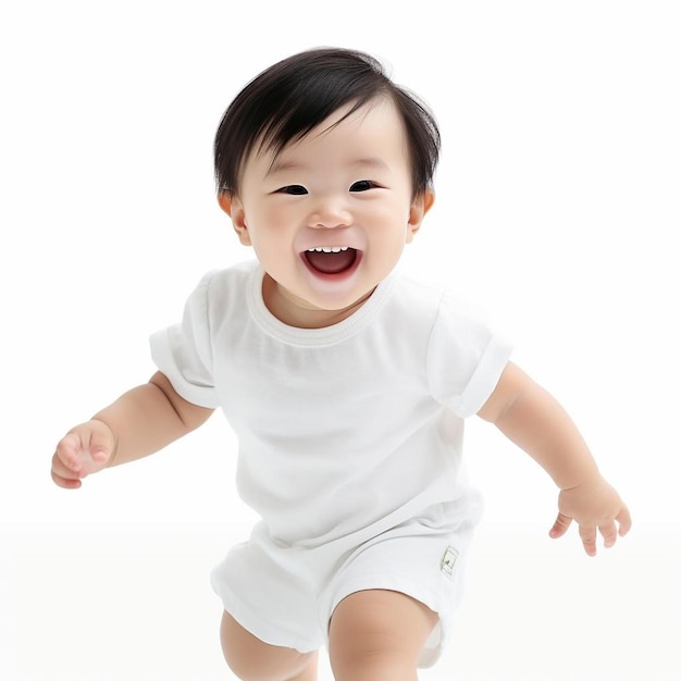 A baby is smiling and has a white shirt on.