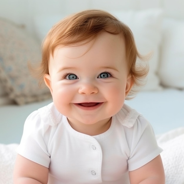 a baby is smiling and has a white shirt on