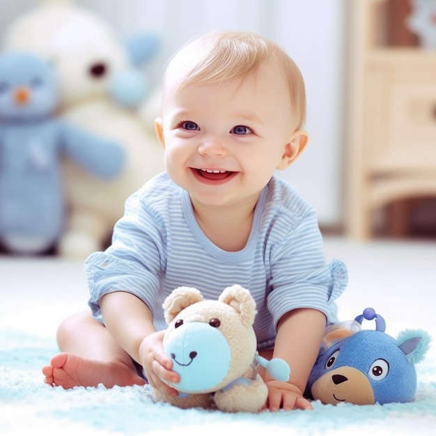 a baby is smiling and sitting on the carpet with two stuffed animals