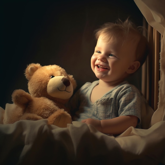 a baby is smiling next to a teddy bear