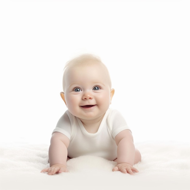 a baby is smiling and wearing a white shirt