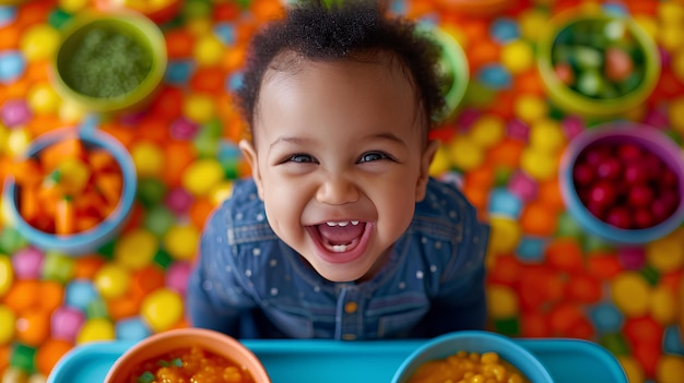 A baby is smiling while eating a bowl of food