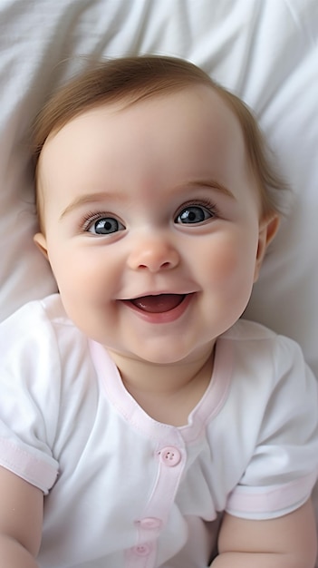 Photo a baby is smiling while laying on a bed