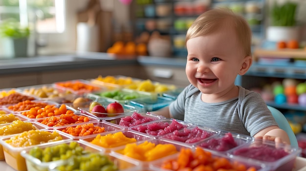 A baby is standing at the counter holding various snacks