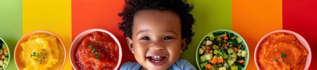 A baby is standing with a variety of bowls in front of him