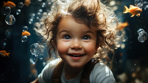 A baby is swimming underwater their eyes wide open and their face filled with wonder Created with Generative AI