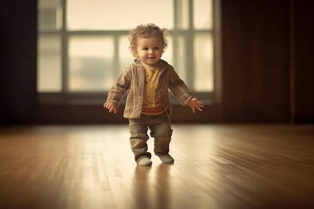 A baby is walking on a wooden floor with a window behind him.