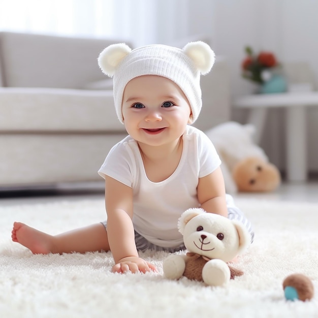 a baby is wearing a hat and sitting on the floor with a teddy bear