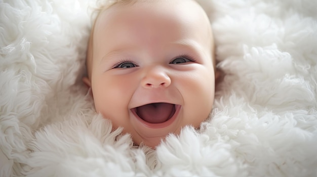 A baby is wrapped in a white blanket and is smiling.