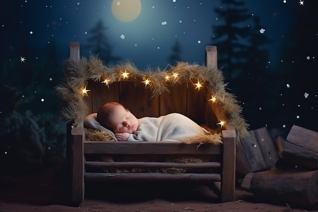 Photo baby jesus sleeping in a crib under a shining star