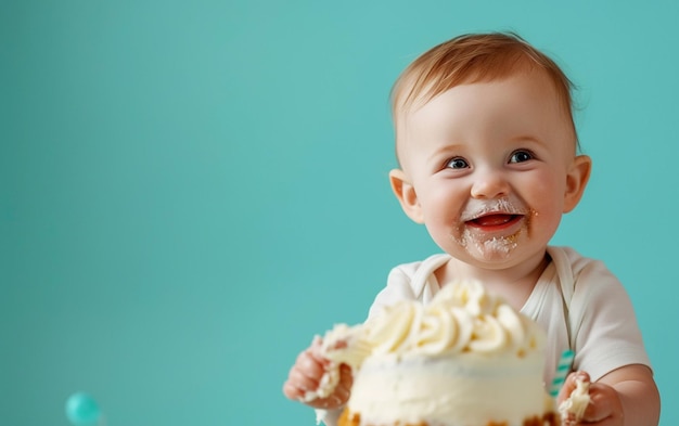 baby jongen met taart die dessert toont op een vaste kleur achtergrond