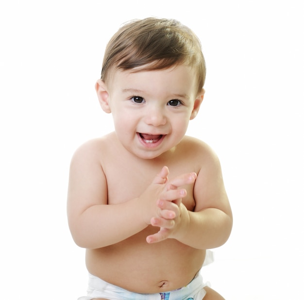Baby jongen met verschillende grappige poses geïsoleerd op wit met kopie ruimte