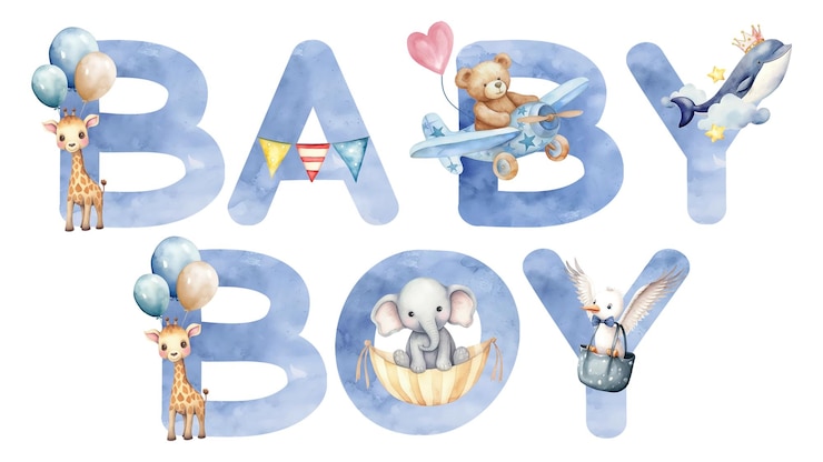 Foto baby jongen woord sticker png element bewerkbaar blauwe waterverf ontwerp