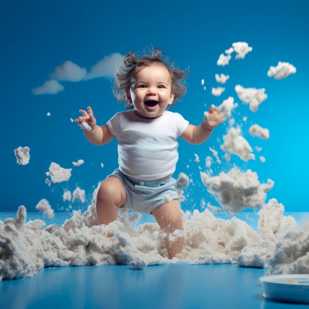 baby jumping between the clouds