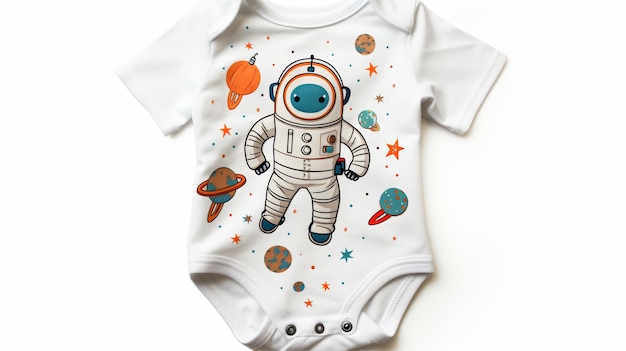 Photo baby jumpsuit with space prints on white background