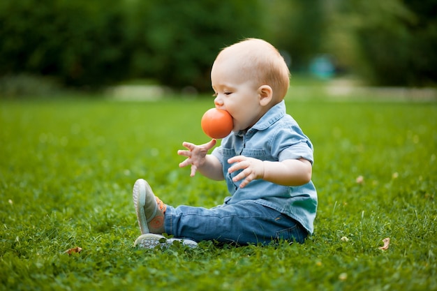 Baby kauwt een bal op het gazon in het park