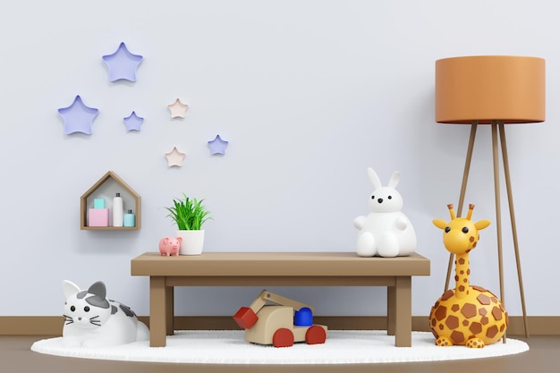 Baby kid room wall decoration cute doll and toy nursery children's room 3D rendering