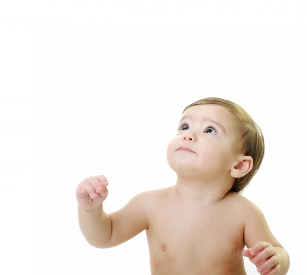 Baby kid with various funny poses isolated on white with copy space