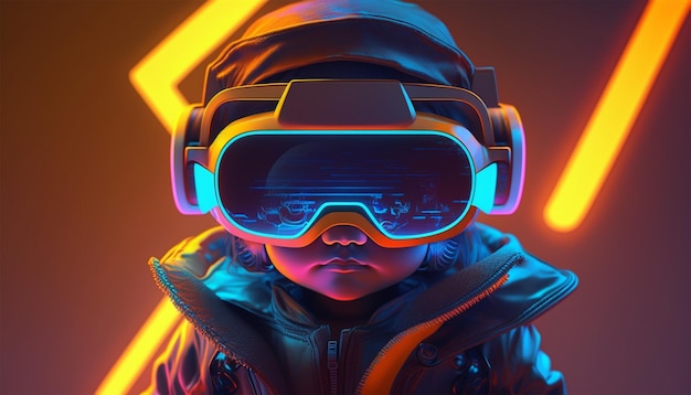 baby kids VR glasses futuristic fashion style in the street neon light Generative AI
