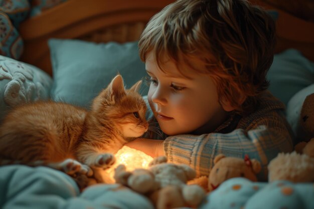 Baby and kitten in cozy prelude to bedtime