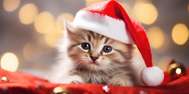 Baby kitten in rode kersthoed thuis met kerstversieringen