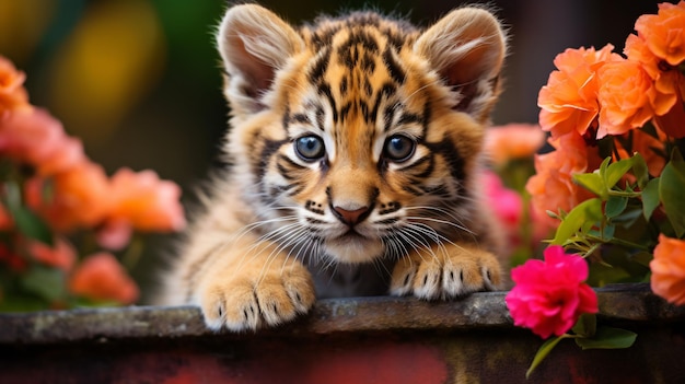 Baby kleine tijger schattig een prachtige tuin achtergrond