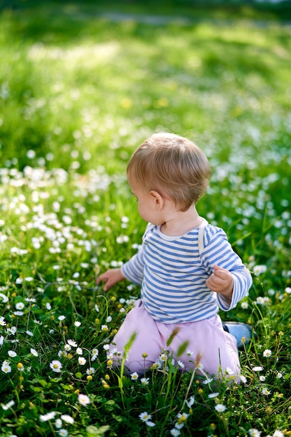 Baby knielt midden in een bloemenweide en keert terug