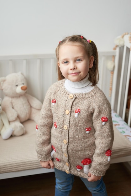 Baby knitted clothes Handmade knitted sweater with fly agaric mushrooms Jacket with embroidery Child girl at home