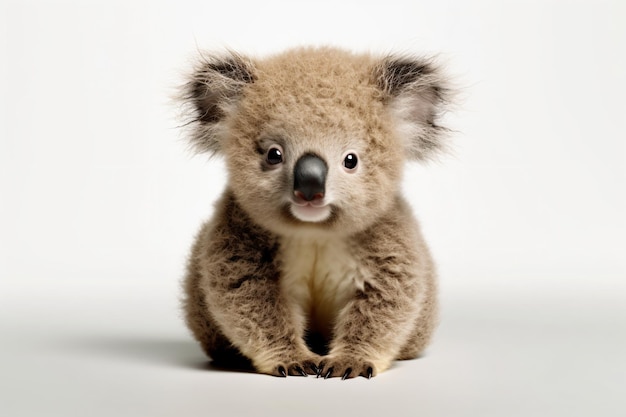 a baby koala bear sitting on a white surface