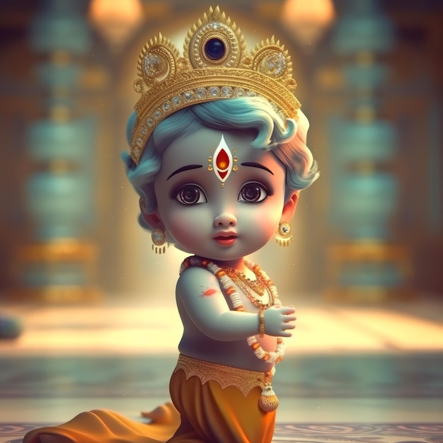 Foto baby krishna che cammina in un bellissimo tempio indù generativo ai