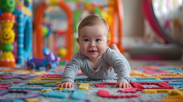 Baby kruipt op de vloer in de speelkamer