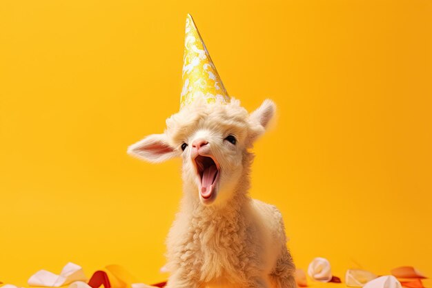 baby lamb in a festive hat over yellow background holiday concept Generative Ai