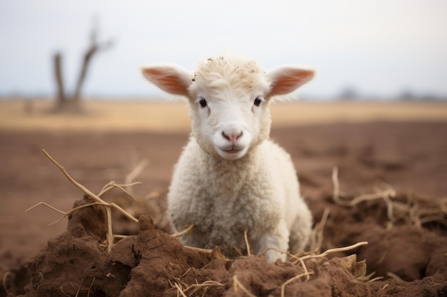 a baby lamb is standing in the dirt