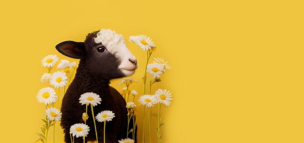 Baby lamb with spring flowers panoramic layout Generative Ai