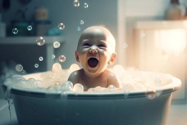 Baby laughs in bath tub Love child clean infant care Generate Ai